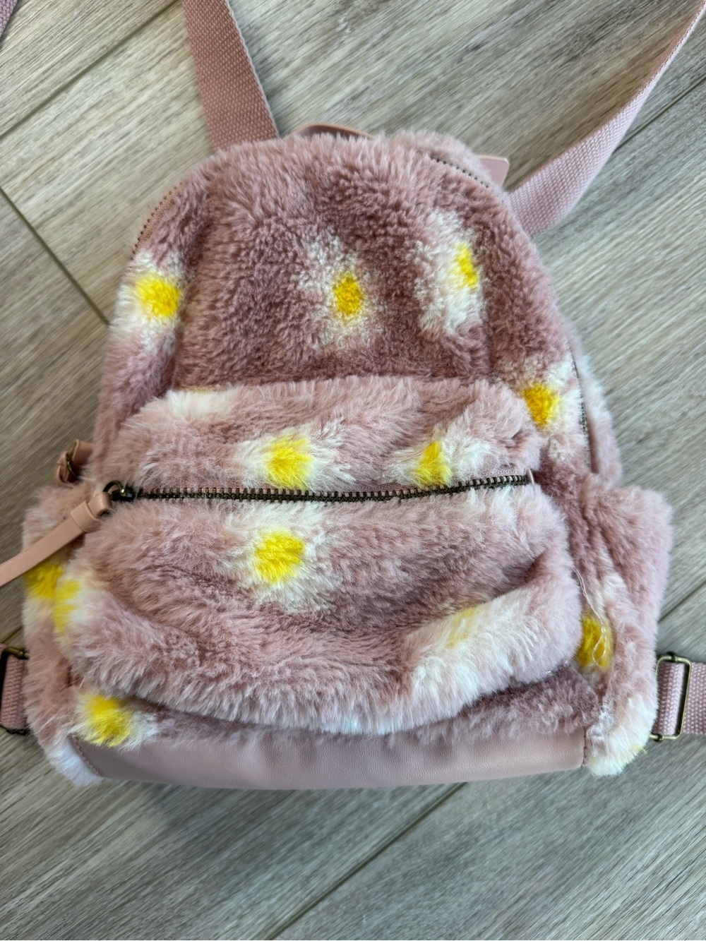 art class Pink Faux Fur Backpack with Yellow Daisy Accents